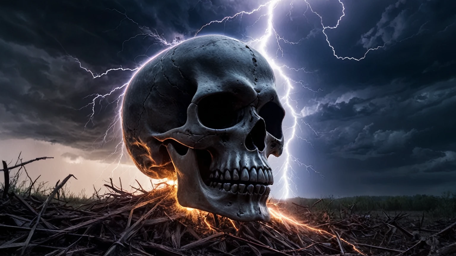 scary horrifying demonic skull shaped cloud, lightning strikes, tornadoes, debris flying everywhere, meteor showers, horror, background