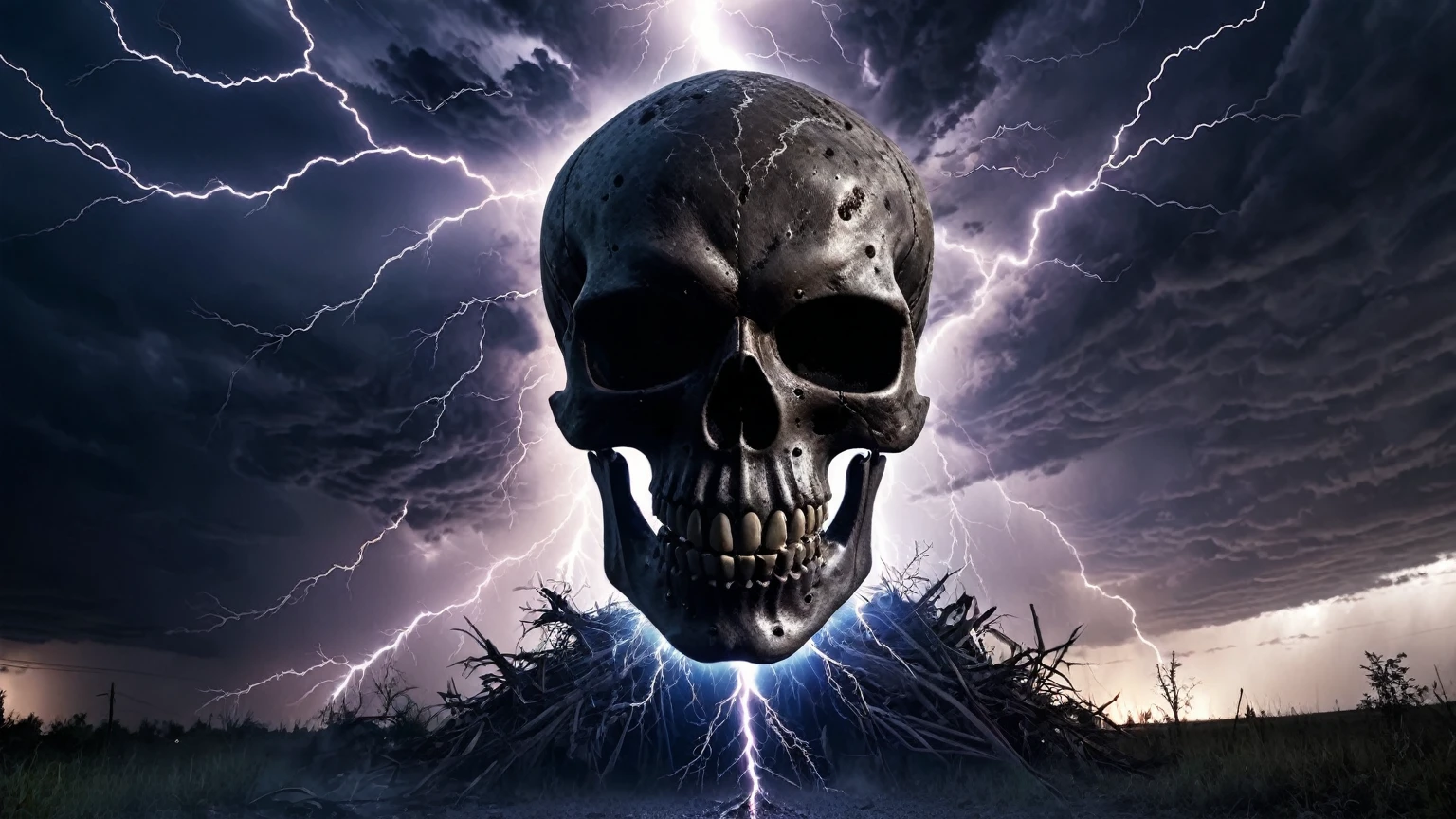 scary horrifying demonic skull shaped cloud, lightning strikes, tornadoes, debris flying everywhere, meteor showers, horror, background