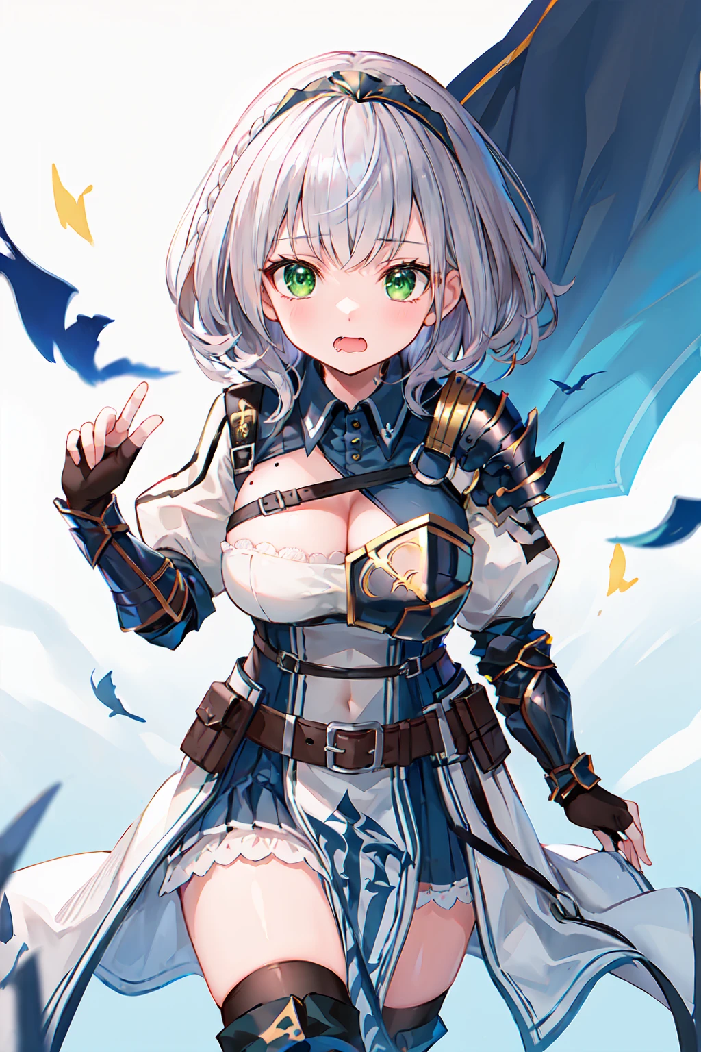 masterpiece, Highest quality, High resolution, aanoel, medium hair, green eyes, hairband, blue collar, shoulder armor, cleavage, mole on breast, armored dress, chest belt, gold trim, fingerless gloves, black gloves, brown belt, pouch, pelvic curtain, black thighhighs、Chasing a **********、Drooling