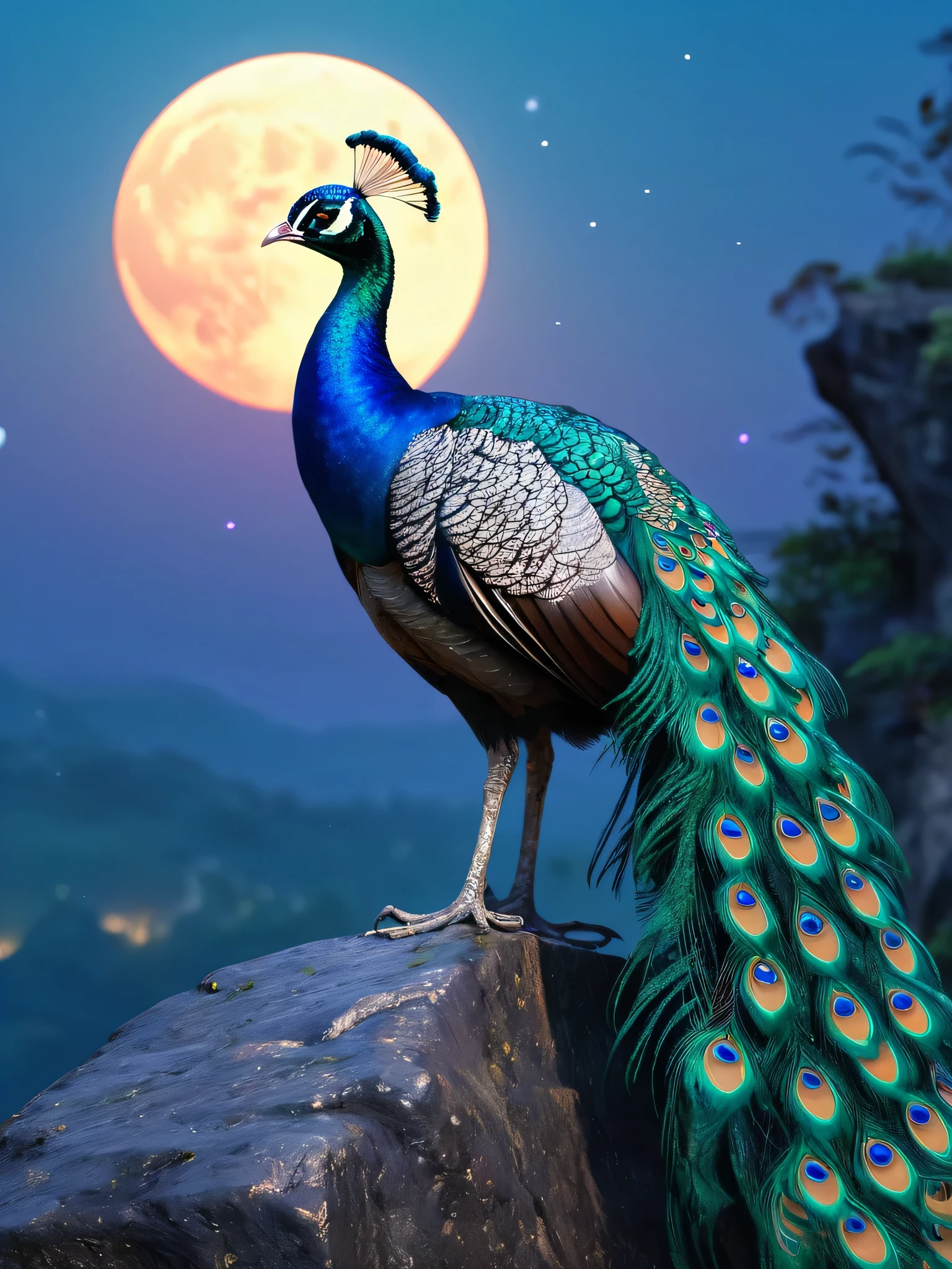 Peacock standing on a rock with full moon in background, highly detailed digital paintings, 8K high quality detailed art, Detailed painting 4k, highly detailed digital paintings, Peacock, Beautiful art UHD 4K, exquisite digital illustration, Highly detailed art in 4K, Magic the Gathering card art, highly detailed illustrations, Highly detailed 4K art, beautiful digital artwork