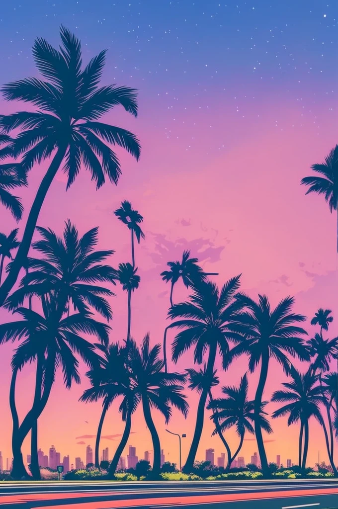 retro 80s art, 2 men on hoverboards down a highway with palm trees on the side of the road, retro art, synthwave, city view in the background, highly detailed