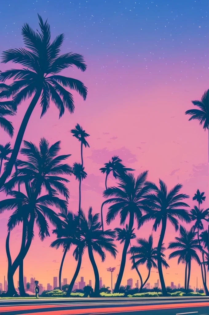 retro 80s art, 2 men on hoverboards down a highway with palm trees on the side of the road, retro art, synthwave, city view in the background, highly detailed