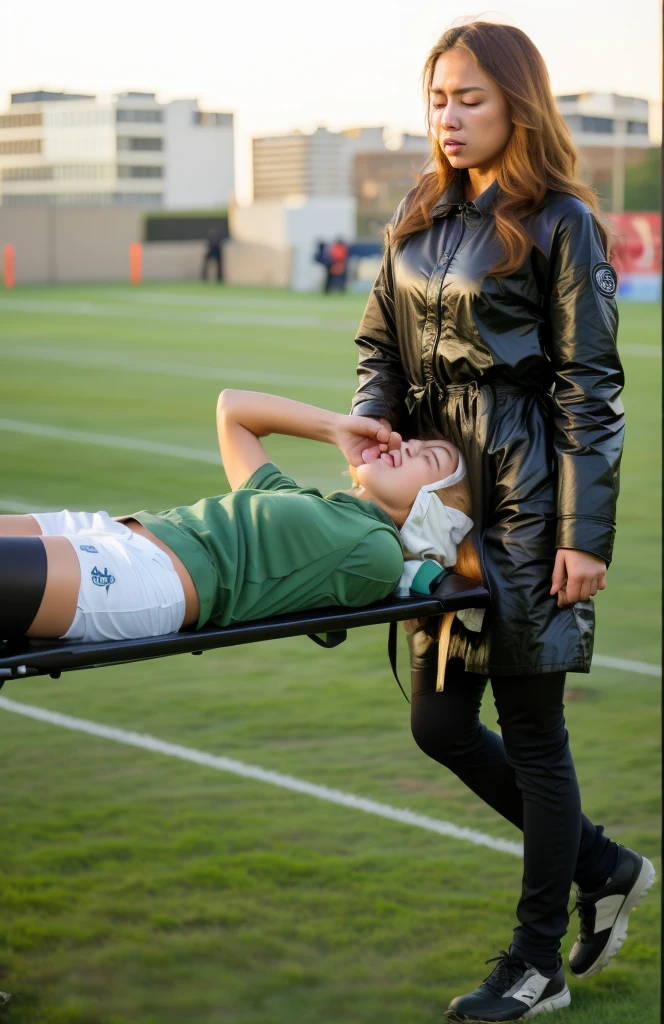 an excessively madeup age girl in a laquered coat, a passionately shouting teengirl in a laquered coat, there is a sportsman in white shorts and a white t-shirt lying injured on a stretcher, there is an injured sportsman who is covering his face on a stretcher, an injured sportsman is covering his face with his hands, an injured sportsman is writhing in ecstasy on a stretcher, dramatic pity pose, there is a latino woman in a high-shine puffy coat, a high-shine black down coat, a long black moncler coat, a wetlook down coat, a wet black laquered coat, a latino wife is wearing a wetlook black uniform, injured, medic, very professional, soccer action pose, affection pose, lecherous action pose, dramatic action pose, theatralic pose, there is an attractive woman that is carrying a skinny man, there is a beautiful woman in a shiny coat who is carrying a blond man on a wetlook orange stretcher, a longhaired beautiful woman in a high-shine black puffy coat, a longhaired woman in a shiny downcoat, a woman is carrying a shorthaired man who is wearing shorts and a t-shirt, a weak man in spots shorts is consciousless and needs to be carried, a shorthaired man with closed eyes is carried on a stretcher by a longhaired woman, a woman looks very scared and terrified, a consciousless man with closed eyes is suffering very much and has a very painful face, photo, photo shoot, photographed , accident, help, aid, first aid, pity