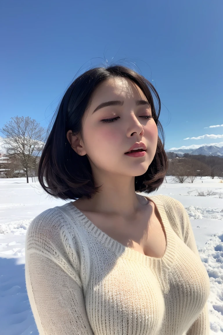 (Raw photo) Winters,Snowy landscape,Beautiful 20s shoulder length sweater,lacepantyhose, White underwear, random color,Long sweater,cum on、cum on、feels good、Raw photo with both eyes closed, kawaii faces、full body Esbian、Camisole、Facing up、Plus Size Model、Chubby belly、thick waist、thick thight、25-years old、Big breasts that are about to burst、Eyes closed、Deep sadness、look up sky、Opening Mouth、 depth of fields,Real Light,Ray Tracing,OC renderer,UE5 Renderer,Hyper-realistic,best qualtiy,in 8K,Works of masters,Correct anatomy.