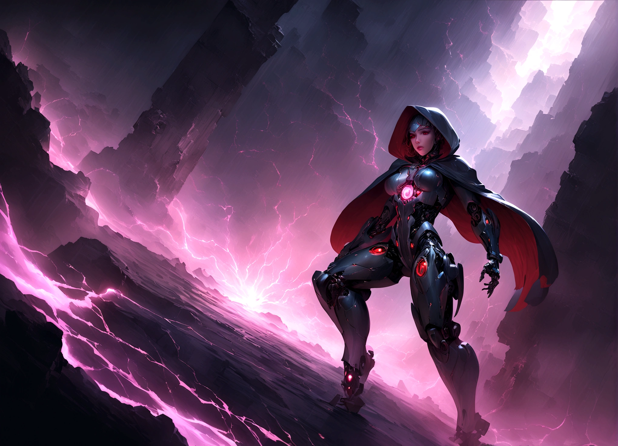 masterpiece, cyborg, The body is glamorous、, Wearing a hood, Shrouded in shadow, , Positano colours, Completely in frame, whole body, Emits electrical energy, whole body, Beautiful anime waifu style man, Ultra-detailed CG paintings, Luminism, Art by Kahn Griffith and Vadim Kashin Concept Art, 8K resolution, Fractal isometric details Bioluminescence , complicatedly detailed , Cinematic, trending on art station Isometric Centered hyper Realistic cover photo awesome full color,  Grainy, Realistic, complicated, Hit definition , Cinematic, Bold, Vibrant, amazing, Super high quality model、Being pelted by rain in the dark、Controlling Lightning、Red eyes