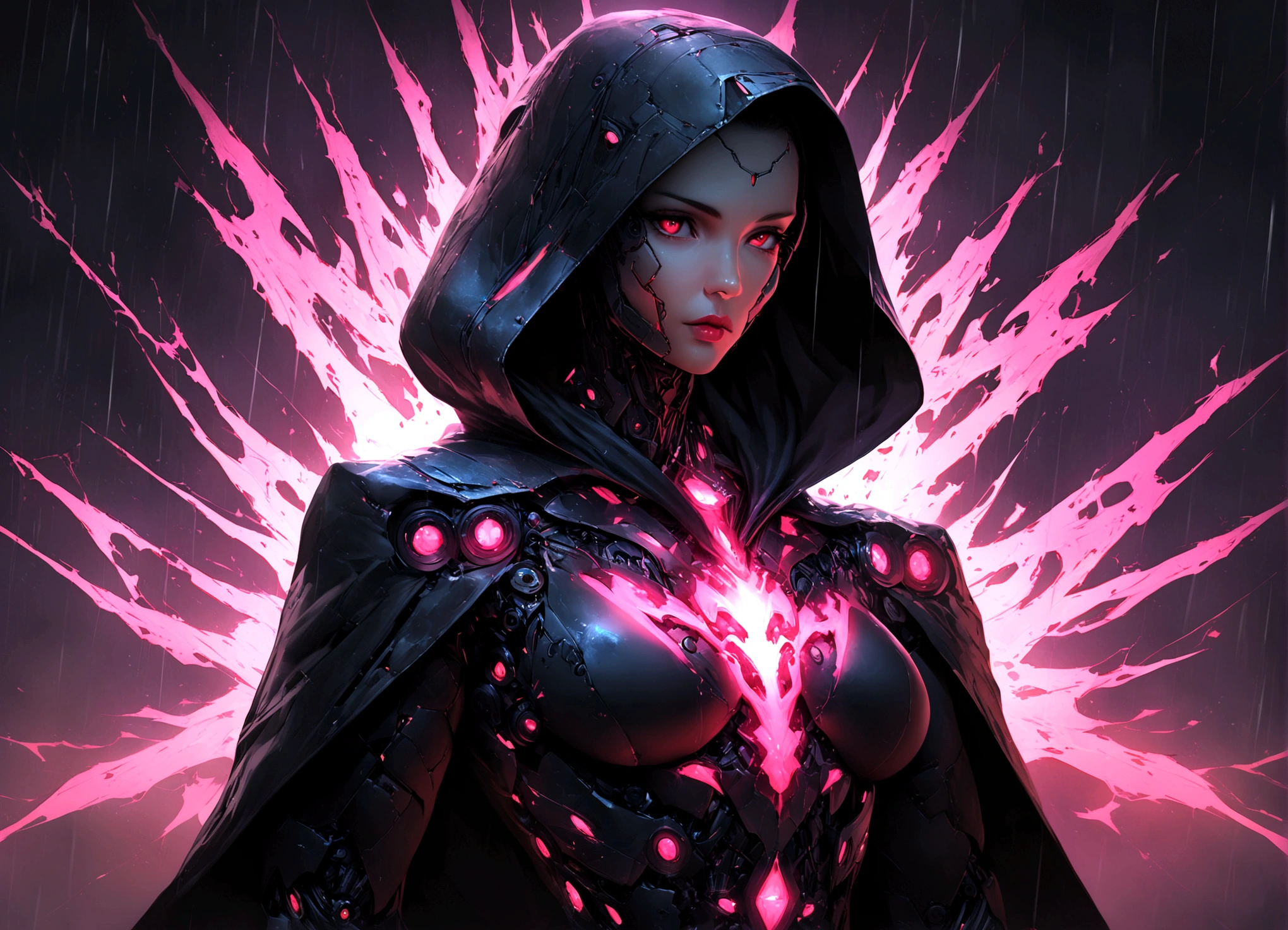 masterpiece, cyborg, The body is glamorous、, Wearing a hood, Shrouded in shadow, , Positano colours, Completely in frame, whole body, Emits electrical energy, whole body, Beautiful anime waifu style man, Ultra-detailed CG paintings, Luminism, Art by Kahn Griffith and Vadim Kashin Concept Art, 8K resolution, Fractal isometric details Bioluminescence , complicatedly detailed , Cinematic, trending on art station Isometric Centered hyper Realistic cover photo awesome full color, Grainy, Realistic, complicated, Hit definition , Cinematic, Bold, Vibrant, amazing, Super high quality model、Being pelted by rain in the dark、Controlling Lightning、Red eyes