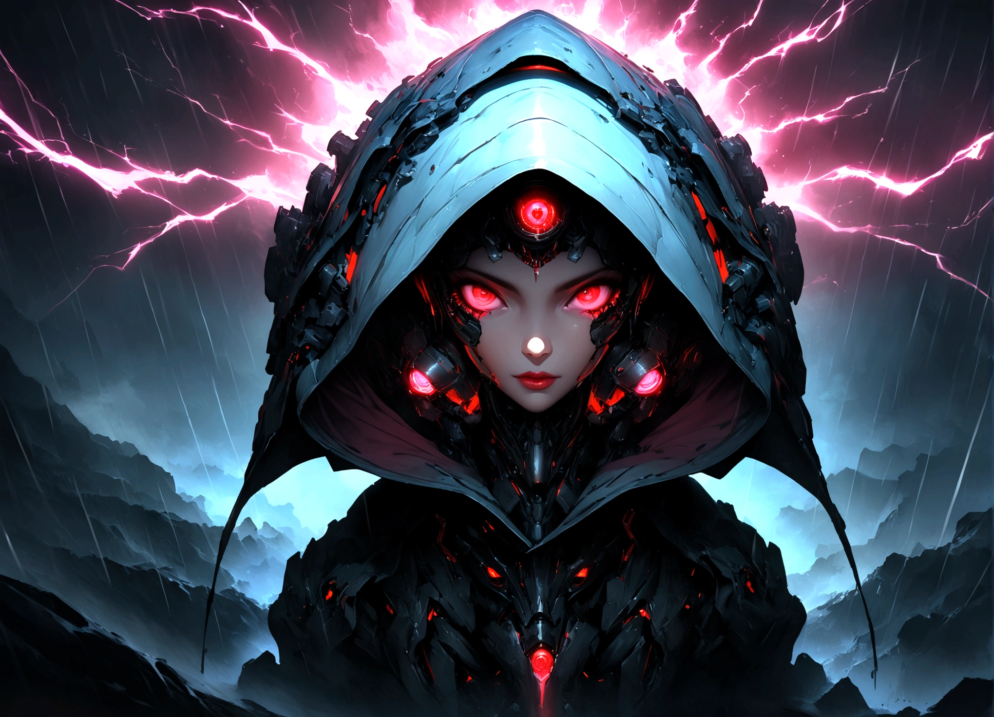 masterpiece, cyborg, The body is glamorous、, Wearing a hood, Shrouded in shadow, , Positano colours, Completely in frame, whole body, Emits electrical energy, whole body, Beautiful anime waifu style man, Ultra-detailed CG paintings, Luminism, Art by Kahn Griffith and Vadim Kashin Concept Art, 8K resolution, Fractal isometric details Bioluminescence , complicatedly detailed , Cinematic, trending on art station Isometric Centered hyper Realistic cover photo awesome full color,  Grainy, Realistic, complicated, Hit definition , Cinematic, Bold, Vibrant, amazing, Super high quality model、Being pelted by rain in the dark、Controlling Lightning、Red eyes