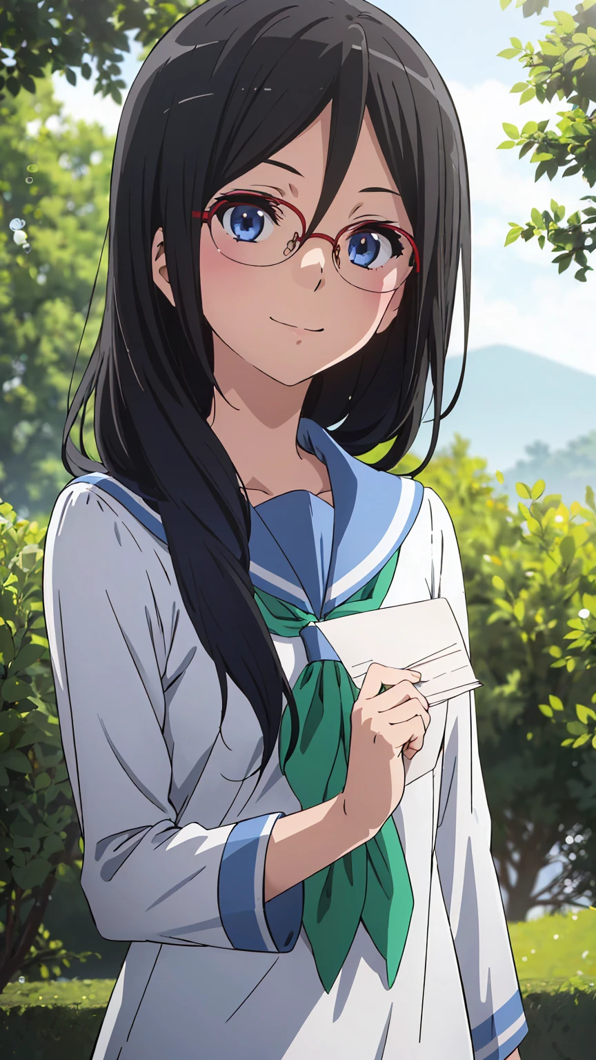 solo, 1girl, looking at viewer, sketch, flat colors, 2D, anime, anime coloring, upper body, asuka tanaka, kitauji high , serafuku, blue sailor collar, green neckerchief, looking at viewer, smile upper body garden (holding a blank paper viewing it to the viewer: 1.5)
