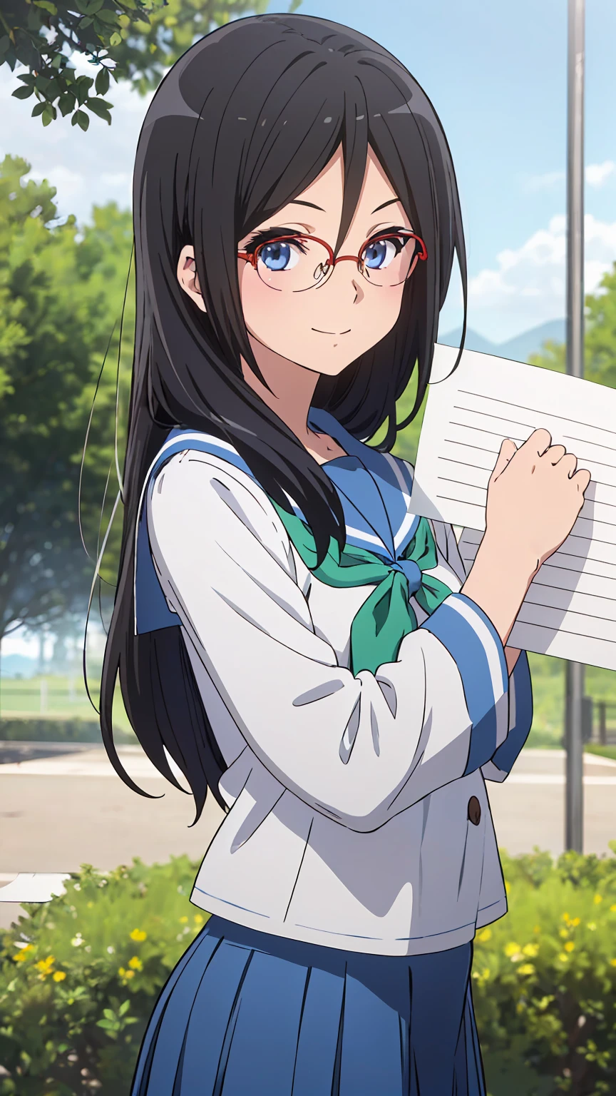solo, 1girl, looking at viewer, sketch, flat colors, 2D, anime, anime coloring, upper body, asuka tanaka, kitauji high , serafuku, blue sailor collar, green neckerchief, looking at viewer, smile upper body garden (holding a blank paper viewing it to the viewer: 1.5)