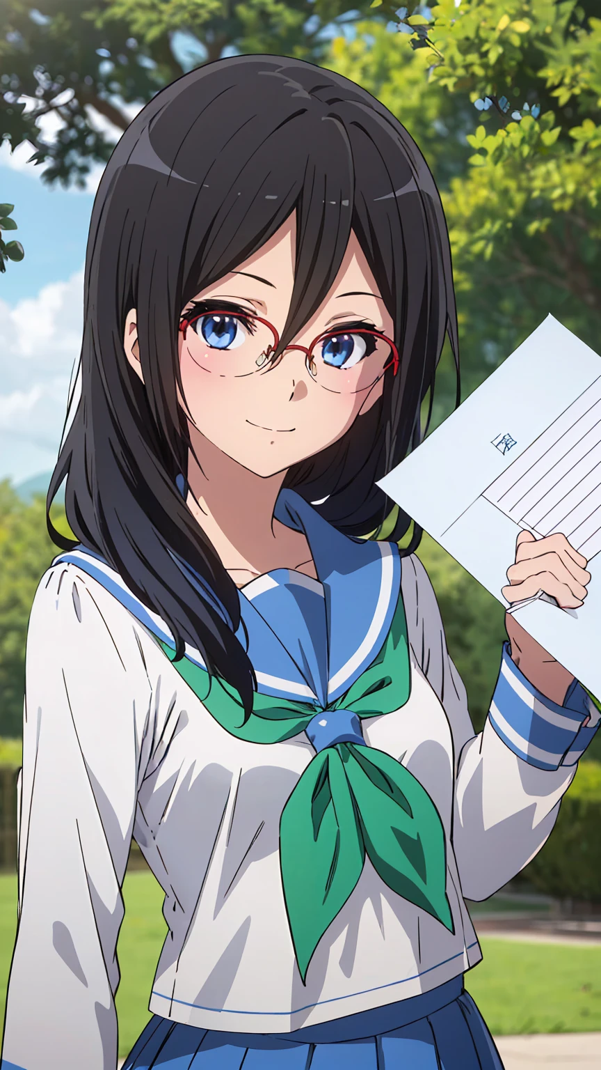 solo, 1girl, looking at viewer, sketch, flat colors, 2D, anime, anime coloring, upper body,  asuka tanaka, kitauji high , serafuku, blue sailor collar, green neckerchief, looking at viewer, smile upper body garden (holding a blank paper viewing it to the viewer: 1.5) 