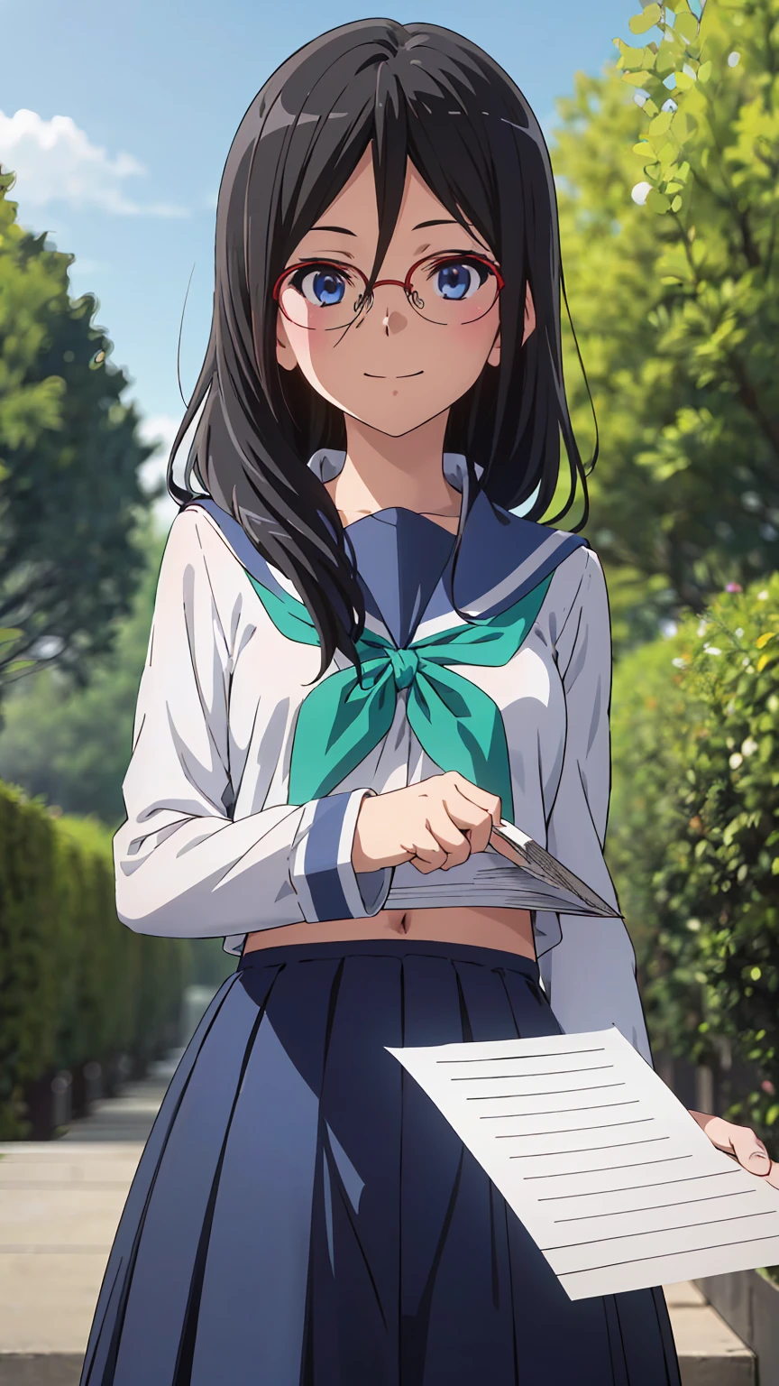 solo, 1girl, looking at viewer, sketch, flat colors, 2D, anime, anime coloring, upper body, asuka tanaka, kitauji high , serafuku, blue sailor collar, green neckerchief, looking at viewer, smile upper body garden (holding a blank paper viewing it to the viewer: 1.5)