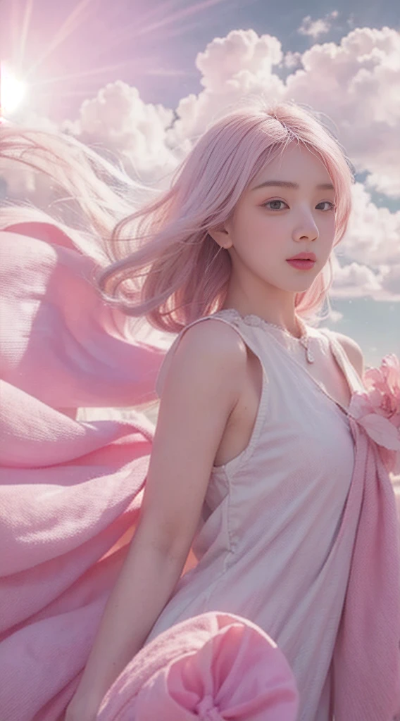 high qulity，4K，detailed detail，Dreamy，hyper realisitc，Up and down opposites，Parallel worlds，Girls fall from the sky，short white hair，Vertical descent，Keep quiet，Girl in the Clouds，Pink light and shadow，ตากลมสวย, 