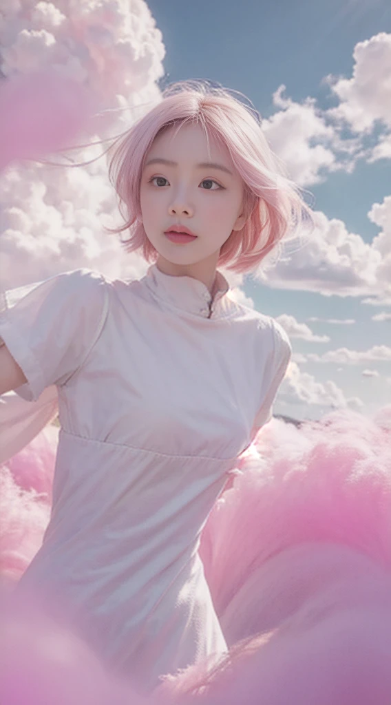 high qulity，4K，detailed detail，Dreamy，hyper realisitc，Up and down opposites，Parallel worlds，Girls fall from the sky，short white hair，Vertical descent，Keep quiet，Girl in the Clouds，Pink light and shadow，ตากลมสวย, 