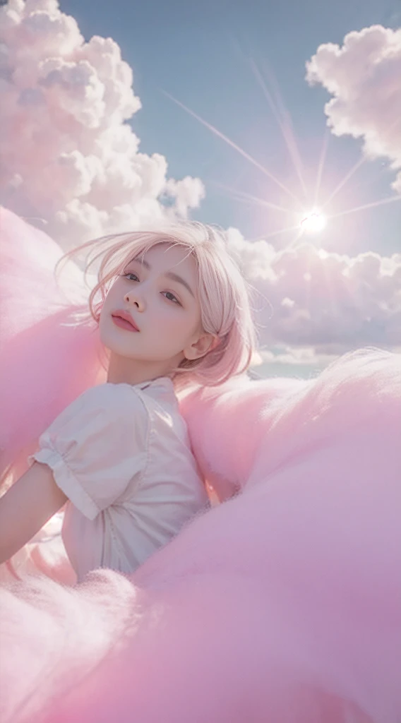 high qulity，4K，detailed detail，Dreamy，hyper realisitc，Up and down opposites，Parallel worlds，Girls fall from the sky，short white hair，Vertical descent，Keep quiet，Girl in the Clouds，Pink light and shadow，ตากลมสวย, 