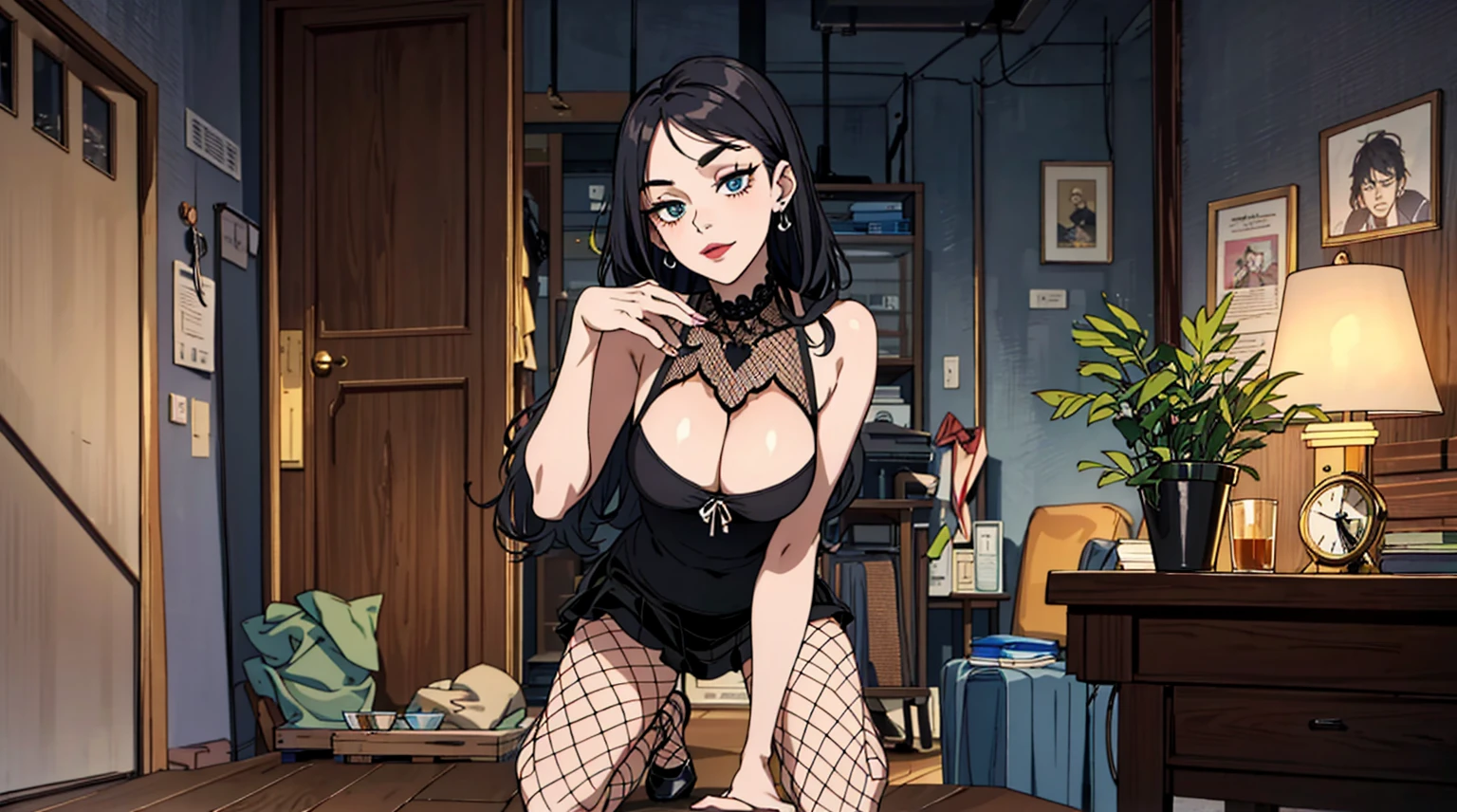 （best quality，masterpiece：1.2，detailed details，4k），A dim old apartment, a small birthday cake on an old wooden table, a modern apartment, an alarm clock on the wall, an anime scene,
A girl with modern gothic makeup, fair skin, modern clothes, black eyeshadow, a tank top, a sexy body, earrings and lip studs, fishnet stockings, posing in an attractive pose, kneeling on the wooden floor, a loving expression
Upward shot