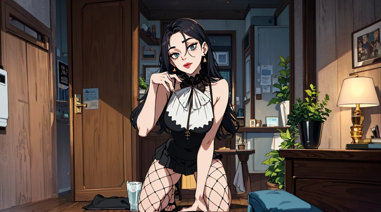 （best quality，masterpiece：1.2，detailed details，4k），A dim old apartment, a small birthday cake on an old wooden table, a modern apartment, an alarm clock on the wall, an anime scene,
A girl with modern gothic makeup, fair skin, modern clothes, black eyeshadow, a tank top, a sexy body, earrings and lip studs, fishnet stockings, posing in an attractive pose, kneeling on the wooden floor, a loving expression
Upward shot
