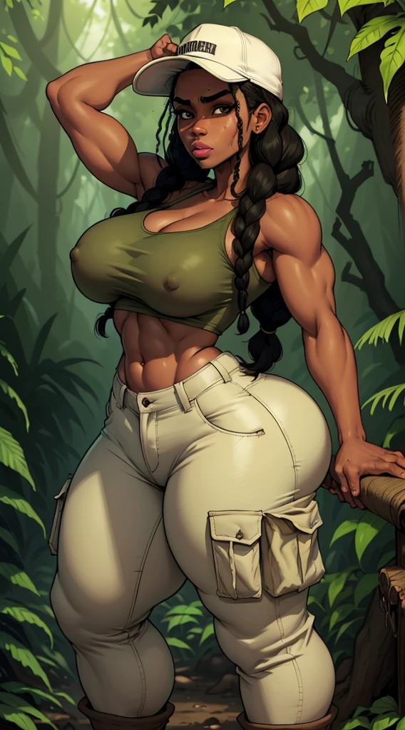 Woman exploring the jungle, BROWN SKIN, hair with black braids, black eyes, wide eyebrows, thick lips, thin cheeks with dimples, large cheekbones, defined jaw and chin dimple, with jungle explorer hat, dirty white tank top, coffee colored cargo pants, mud stained pants, military boots, machete in hand cutting vines, in ruins scene in a jungle