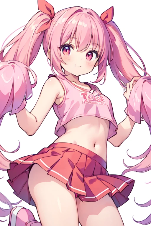 (best quality, masterpiece:1.2), illustrations, a cute girl, cute face, kawaii, early ,
 1 girl, 14 yete),
 twintails, pink hair, 
 pink eye,
 small breasts, 
 cheerleader, red crop top, red sleeveless shirt, midriff, red miniskirt, red pleated skirt,
 smile,
 white background,