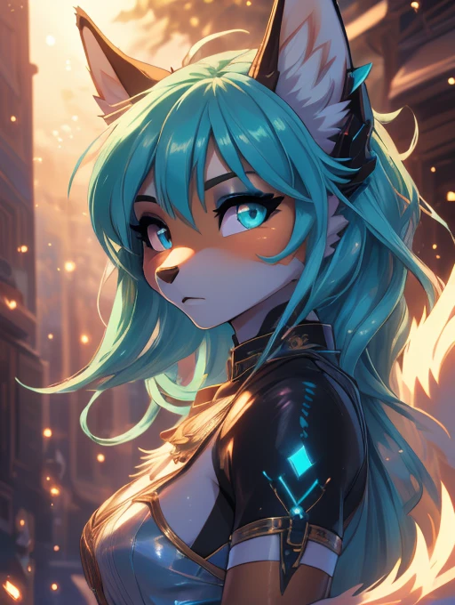 Miku Hatsune,Arabic, tanned skin, High Definition, kitsune ears, Masterpiece}}, of the highest quality, Highly detailed CG Unity 8k wallpaper, cinematic lighting, Lens flare, Beautiful detailed eyes, negro, lateral line, multicolored hair, showy light, particle, heterochromia, (showy:1.1), (showy hair:1.5), whole body