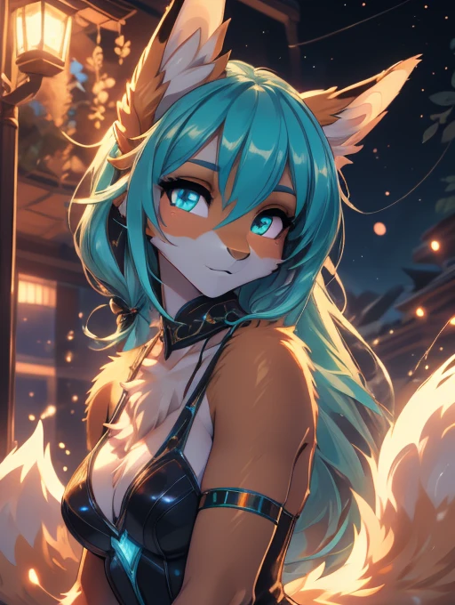 Miku Hatsune,Arabic, tanned skin, High Definition, kitsune ears, Masterpiece}}, of the highest quality, Highly detailed CG Unity 8k wallpaper, cinematic lighting, Lens flare, Beautiful detailed eyes, , lateral line, multicolored hair, showy light, particle, heterochromia, (showy:1.1), (showy hair:1.5), whole body