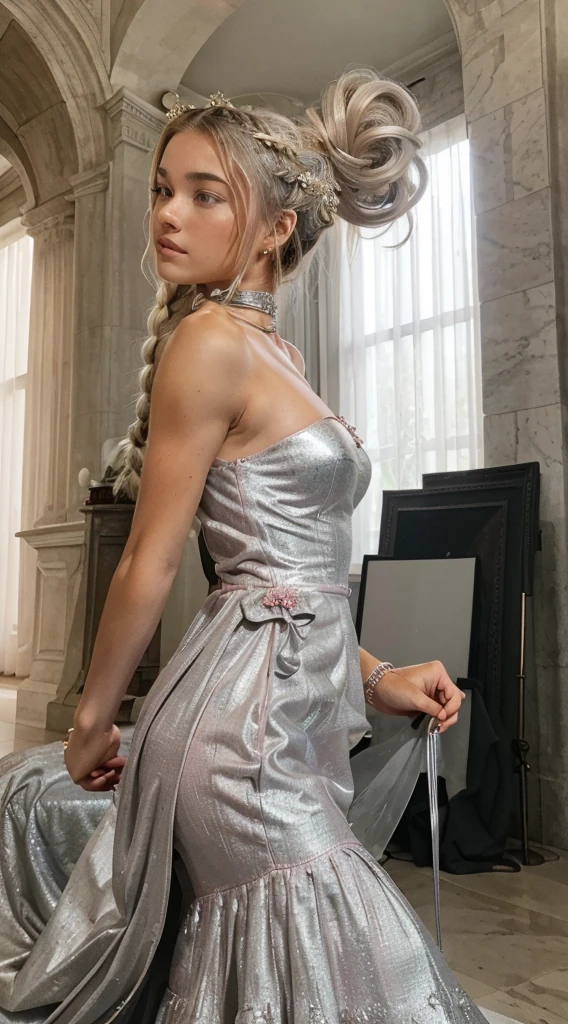 Women, grave, Guerrero, armor, elegant, pink dress, aristocratic, silver elements, long nails, bare shoulders, hairstyle, hair tied, braid and ponytail, disordered, arrogant, absurd, detailed dress, Royals, celebration, Living room decorated with flowers., cowboy shot, portrait, (Best Quality), (Masterpiece), (Very detailed), (4k)