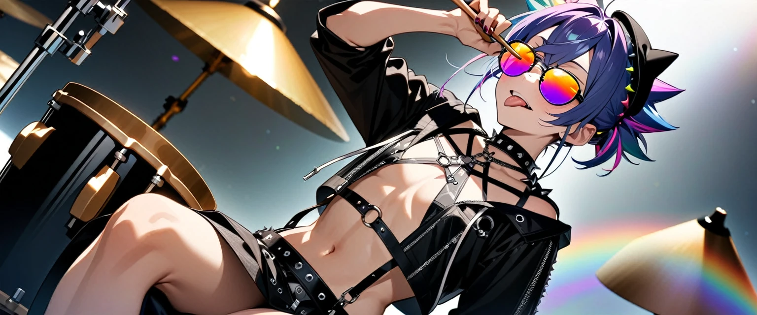 (((masterpiece,Highest quality))),(((A male anime character wearing a revealing enamel visual kei outfit with sunglasses and a multi-colored, spiky hairstyle, sitting at a drum set))),((Wearing a small hat at an angle)),((Fortress-like drum set)),(((Sticking out his tongue and holding up drumsticks))),Focus on the upper body,(high quality),アニメ,rainbow highlights