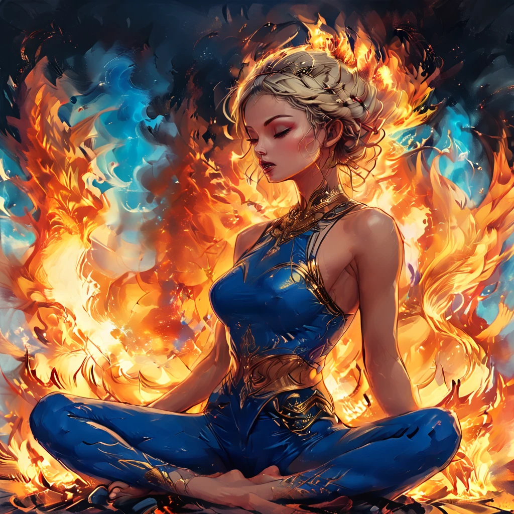 
((side view)), girl sitting on the fire against the background of fire, open mouth, 
 sitting on the flame, fire, side view burning girl sits in the lotus position, fiery sky, skyline, only fire, smoke,
burning girl in blue Half top wrestler and blue Elastic shorts look at the side, adult, [Nordic], Hourglass elongated fitness body, perfect Olive skin, Oval Face, Long neck, Rounded shoulders, perfect hand,  Attached Pointed ears, round forehead, Short blonde Waves pixie hair, snub nose, Arched eyebrows, Monolid blue Eyes, High Round Narrow cheekbones, Dimpled Cheeks, Rounded Chin, Rounded Jawline, Fine Puppet Wrinkles, Full nude Lips, (blue eyes), Nude Makeup Look, long eyelashes,  third breast size,  
 graphic style of novel comics, 
2d, 8k, iMax, hyperrealism, masterpiece, high resolution, best quality, ultra-detailed, super realistic, Hyperrealistic art, high-quality, ultra high res, highest detailed, lot of details, Extremely high-resolution details, incredibly lifelike, colourful, 