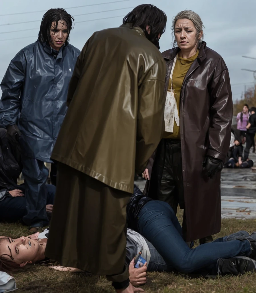 theatralic first-aid-drama, an outdoor scene in autumn in the background, rainy weather scene, injury scene, a man has fallen and is lying injured on the ground, women are caring for a fallen man that is lying injured on the ground, several women are attending to the injured man on the ground, women in shiny and wet coats are taking care for a lying male injury victim, several women in very high shine leather clothing, several women are giving medical treatment to a wounded man in a street, accident, first aid, help to a wounded man, first aid for an injured male, an injured man on the ground in matte jeans and cotton shirt, a man in jeans and shirt is lying on the ground and writhing in intense pain, there is an injured man lying in pain on the ground and covering his agonised and suffering face with his hands, several women are giving first aid to an injured man who is lying in pain on the ground, all the women beside the injured lying man are wearing very shiny waterproof clothes, dramatic action scene, hyperrealistic, photorealistic, photo, ultra realistic, theatralic pity pose, celebrating first aid, all of the women are looking very concerned and sad, the shocked women have tears in their eyes, the women are looking very furious and are desperately shouting out for help