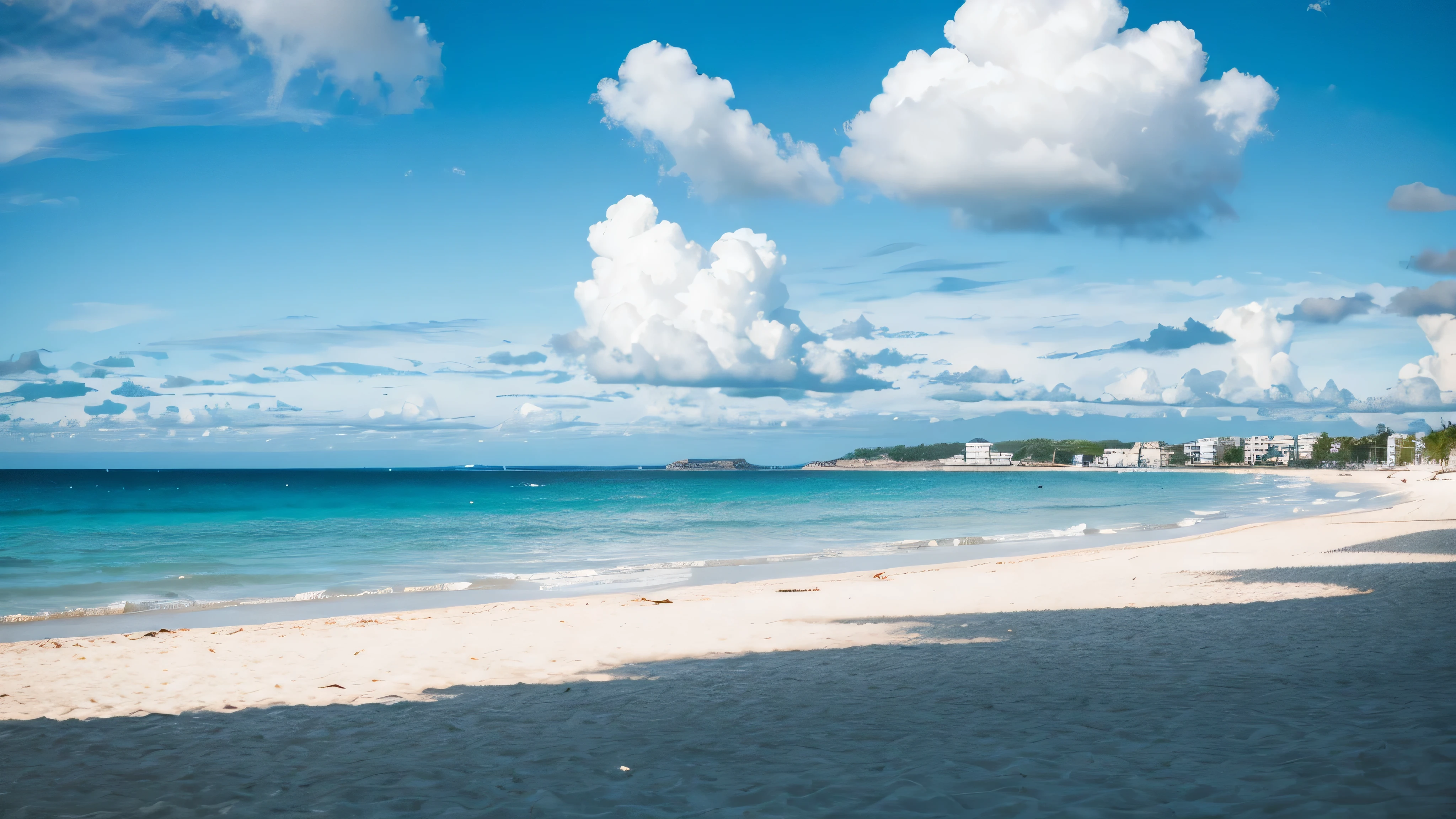 Blue sky and white clouds, Beach nearby, The sea in the distance