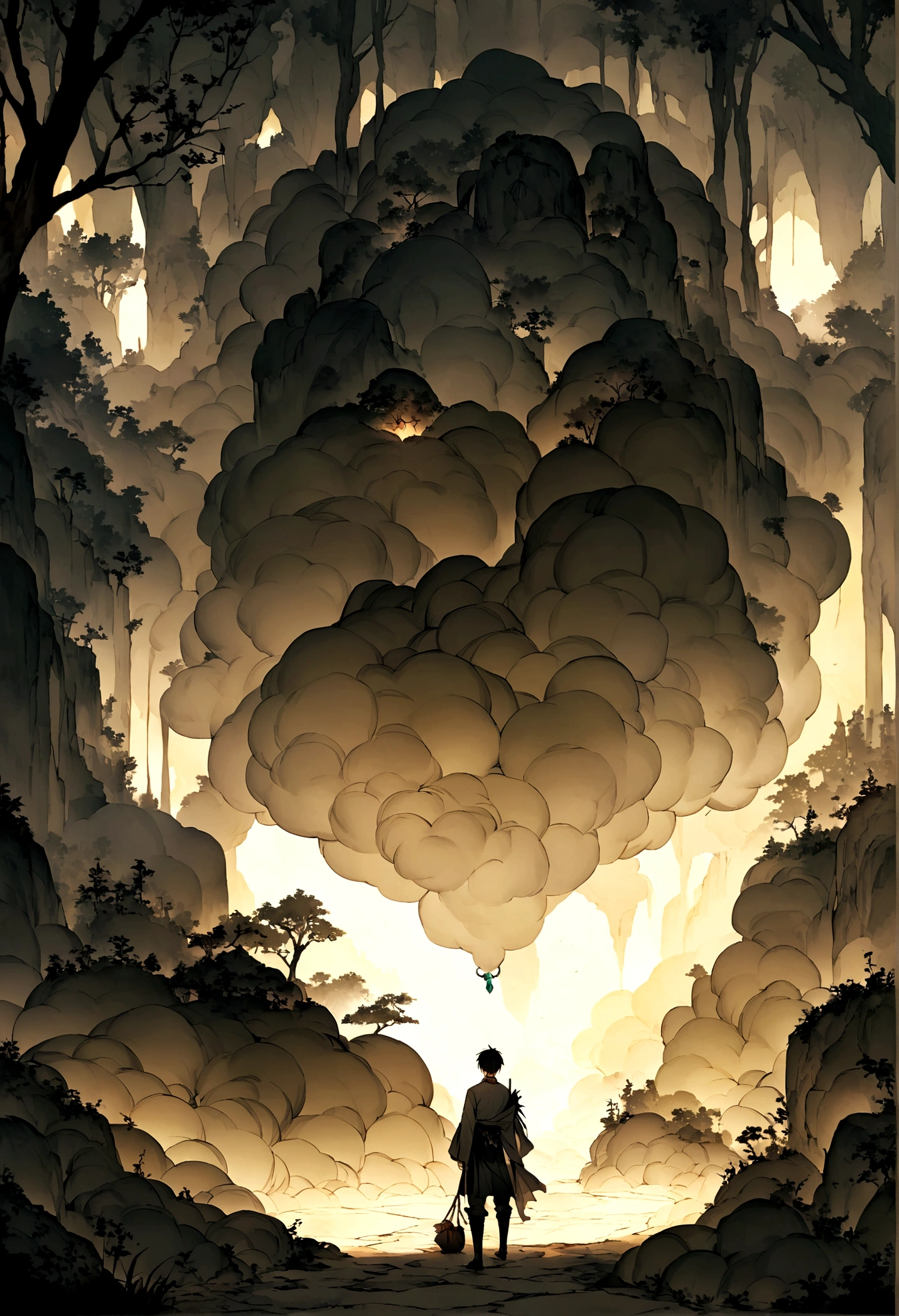 nimbus,Uninhabited primeval forest,Mysterious forest。Ancient cave with a boy,short hair,(((Black worn clothes))),Shocked at a shining jade pendant,((Mysterious and dreamy scene)),Chinese style,Immortal World,Xianxia World