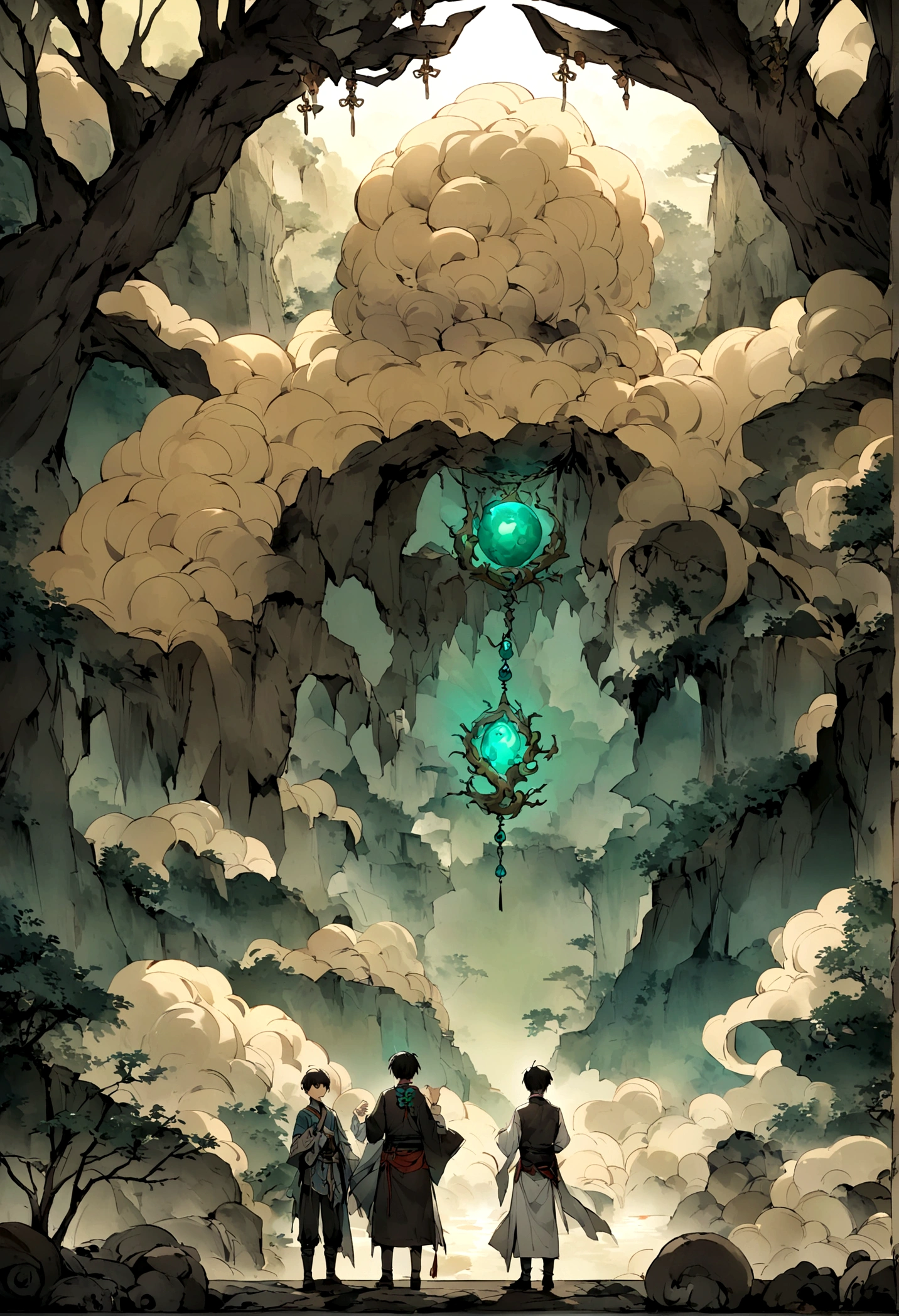 nimbus,Uninhabited primeval forest,Mysterious forest。Ancient cave with a boy,short hair,(((Black worn clothes))),Shocked at a shining jade pendant,((Mysterious and dreamy scene)),Chinese style,Immortal World,Xianxia World