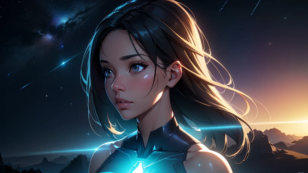 (ultra quality, 4k, 8k, high resolution, masterpiece: 1.2), ultra detailed, (realistic, photorealistic, photorealistic: 1.37) a beautiful young woman walking in outer space, semi-naked with lights all over her body, highly detailed, extremely detailed portrait, intricate details, hyper realistic, 8k, photorealistic, art by artgerm and greg rutkowski, dramatic lighting, glowing skin, volumetric lighting, cinematic, awe-inspiring, ethereal, mystical, cosmic, mesmerizing