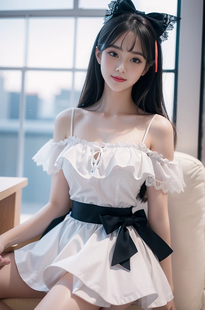 girl,single,Long hair,Looking at the audience,Bangs,blue eyes,Bow,Ribbon,whole body,Black hair,Bow,Chest-length skirt,Low-cut clothing,Off-shoulder clothing,Suspender Skirt,Lips,eyelash,蓝Bow,白Bow,Lace,curls,lifelike,Smiling,Transparent Clothes,Colorful particles,Huge breasts,E cup chest