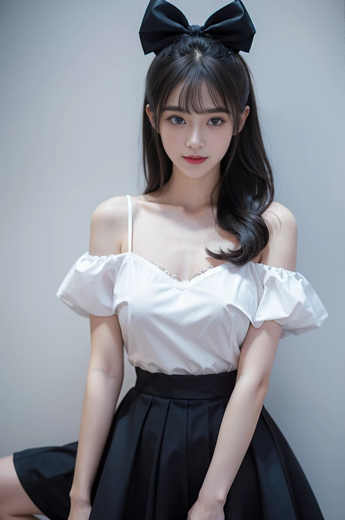 girl,single,Long hair,Looking at the audience,Bangs,blue eyes,Bow,Ribbon,whole body,Black hair,Bow,Chest-length skirt,Low-cut clothing,Off-shoulder clothing,Suspender Skirt,Lips,eyelash,蓝Bow,白Bow,Lace,curls,lifelike,Smiling,Transparent Clothes,Colorful particles,Huge breasts,E cup chest
