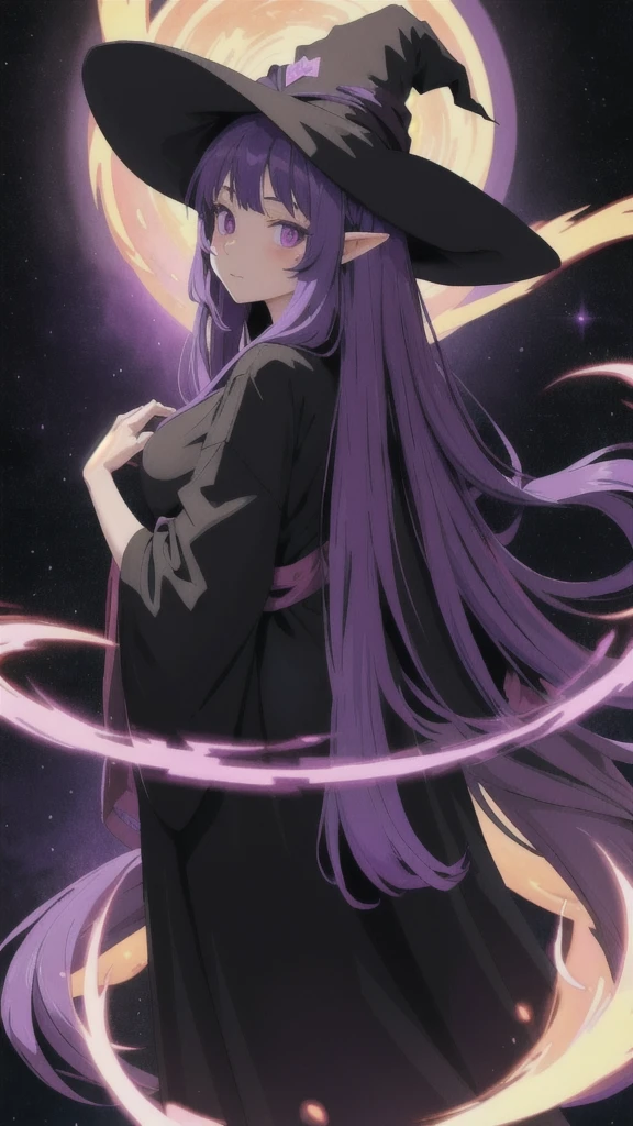 anime girl long purple hair wearing a black Robe. she has pointy ears. Witch Hat. Manga kawaii. iridescent ,An illustration, 0ne person .look back