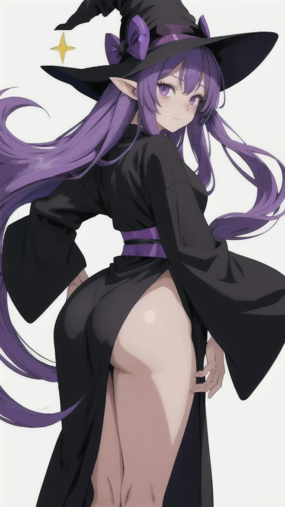 anime girl long purple hair wearing a black Robe. she has pointy ears. Witch Hat. Manga kawaii. iridescent ,An illustration, 0ne person .look back
