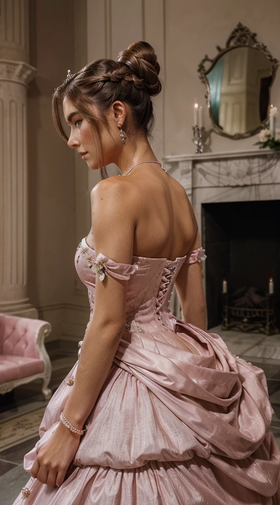 Women, grave, Guerrero, armor, elegant, pink dress, aristocratic, silver elements, long nails, bare shoulders, hairstyle, hair tied, braid and ponytail, disordered, arrogant, absurd, detailed dress, Royals, celebration, Living room decorated with flowers., cowboy shot, portrait, (Best Quality), (Masterpiece), (Very detailed), (4k)