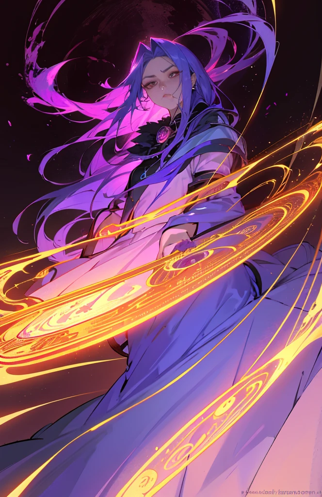 (woman\(Magical girl, Purple long skirt, Long flowing blue hair, Red pupils, Pale skin, Indifferent face,Cold eyes,Magic elements gathered in hand,The magic element forms a vortex that surrounds),night,Blood Moon,quality\(8K,Extremely detailed CG unit wallpaper, masterpiece,high resolution,top-quality,top-quality real texture skin,Surrealism,提high resolution,original photo,Best quality,Very detailed,light,Ray Tracing,Golden Ratio\)