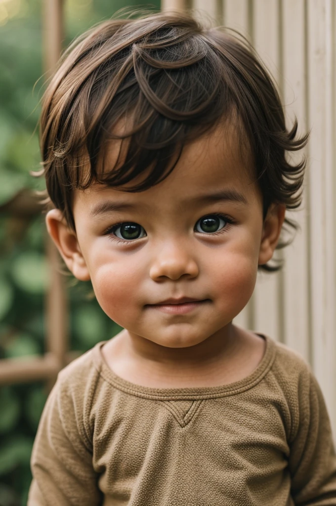 A d old toddth tan skin, brown hair, red cheeks, and green eyes