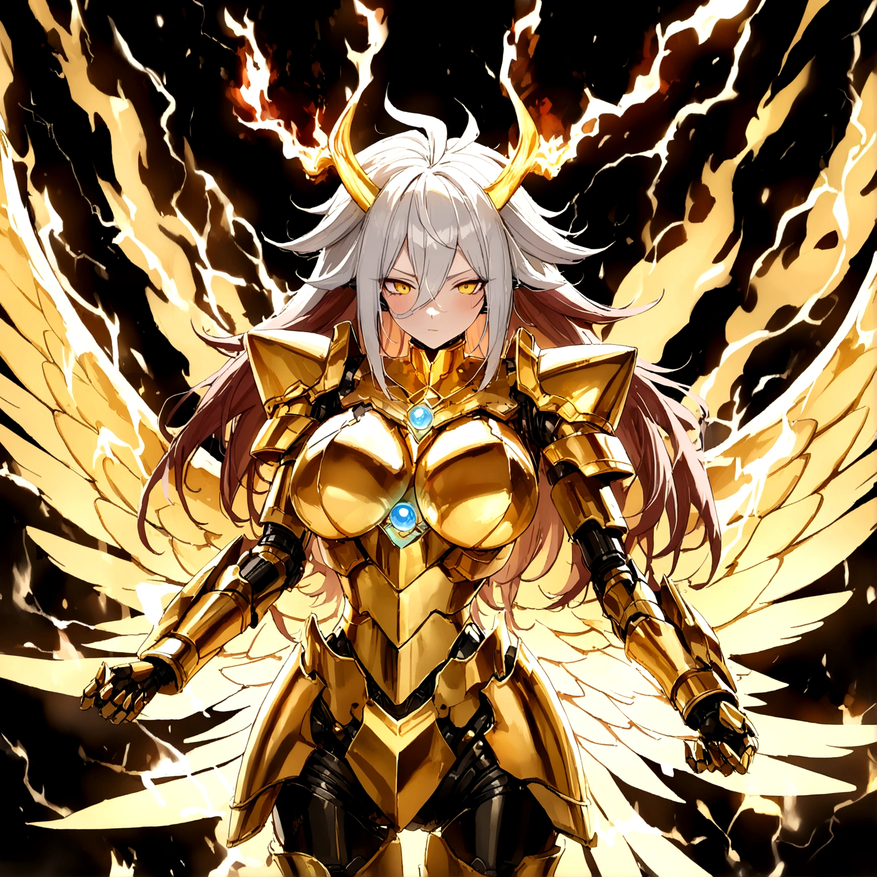 ((Lightning Power)), ((Electricity)), ((Fire Background)), ((Lightning Storm)), ((Power Erupting)), (((((android 21))))), ((((Giant Rasengan)))), (((Evil Power))), (((white Coat))), (((Busty))), (((((Big breast:1,3)))), luxury bustier corset, (((silver hair))), (((Very slim waist))), propotional body, ((Gorgeous)), (((Fire Blazing Horns))), ((((gold wings))), masterpiece, hyperdetail, ambient effect, digital effect, (((Fire Gold Armor))), (((Lightning Gold Wings)))