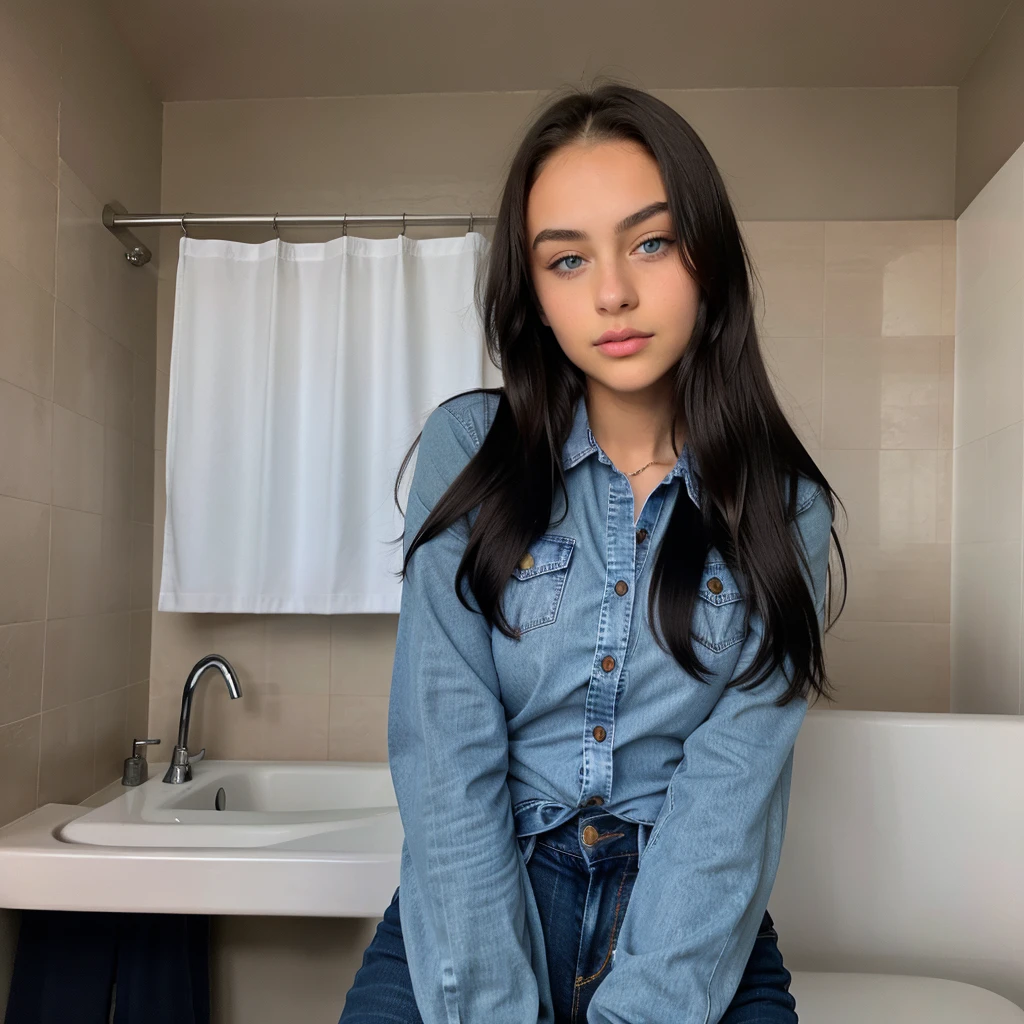 14 year old Russian teenage girl with blue eyes , with the face of a young girl with a perfect body, big eyes , wide fleshy lips thin upturned nose, with a fine face like a barbie , normal somewhat large voluminous breasts ,very long and very straight black hair, wearing dark jeans and a big button shirt , 14 years old, very tender face , blue eyed teenage girl posing very sexy in casual clothes at night in the bathroom ,straight hair. a very attractive teenage girl sexually naked, girl masterpiece
