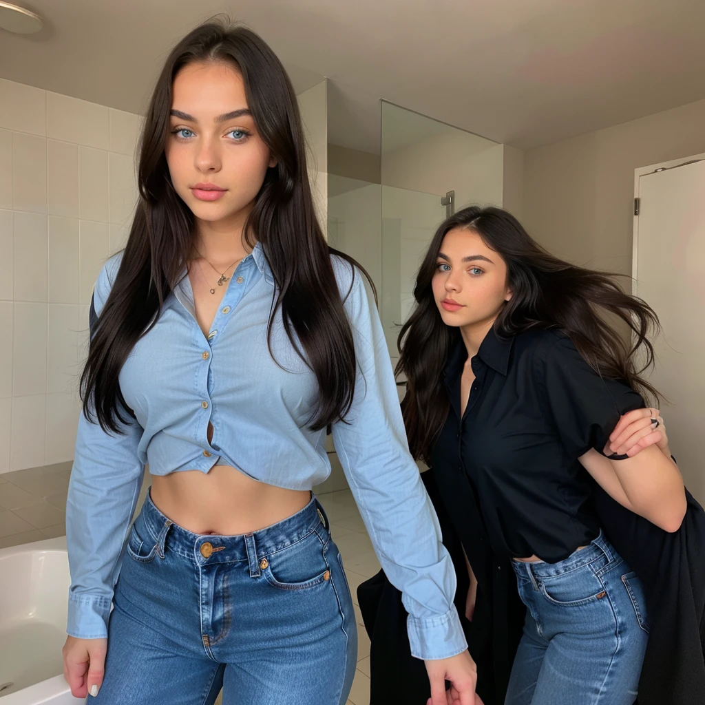 14 year old Russian teenage girl with blue eyes , with the face of a young girl with a perfect body, big eyes , wide fleshy lips thin upturned nose, with a fine face like a barbie , normal somewhat large voluminous breasts ,very long and very straight black hair, wearing dark jeans and a big button shirt , 14 years old, very tender face , blue eyed teenage girl posing very sexy in casual clothes at night in the bathroom ,straight hair. a very attractive teenage girl sexually naked, girl masterpiece
