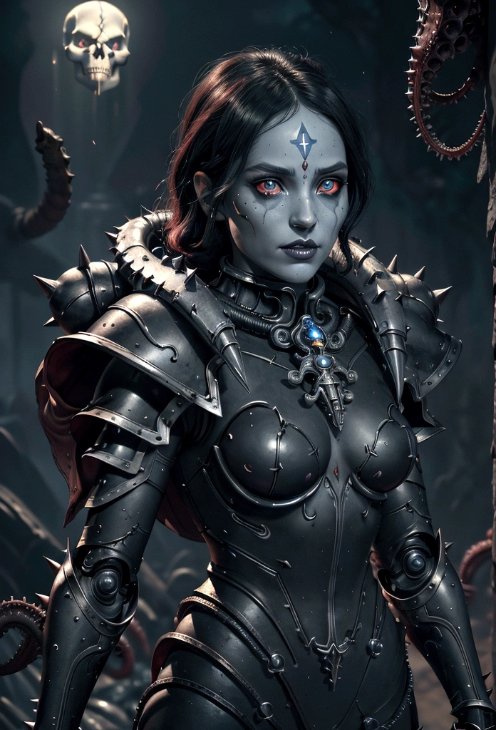 a gorgeous adepta sororitas from the movie tron, glowing skull armor, spikes, teeth, monster, dirty tentacles, pus pimples, cracked truenurgle, detailed face and eyes, beautiful lips, extremely detailed, 1girl, oil painting, concept art, dark fantasy, cinematic lighting, dramatic shadows, vibrant colors, moody atmosphere, hyper detailed, 8k, photorealistic
