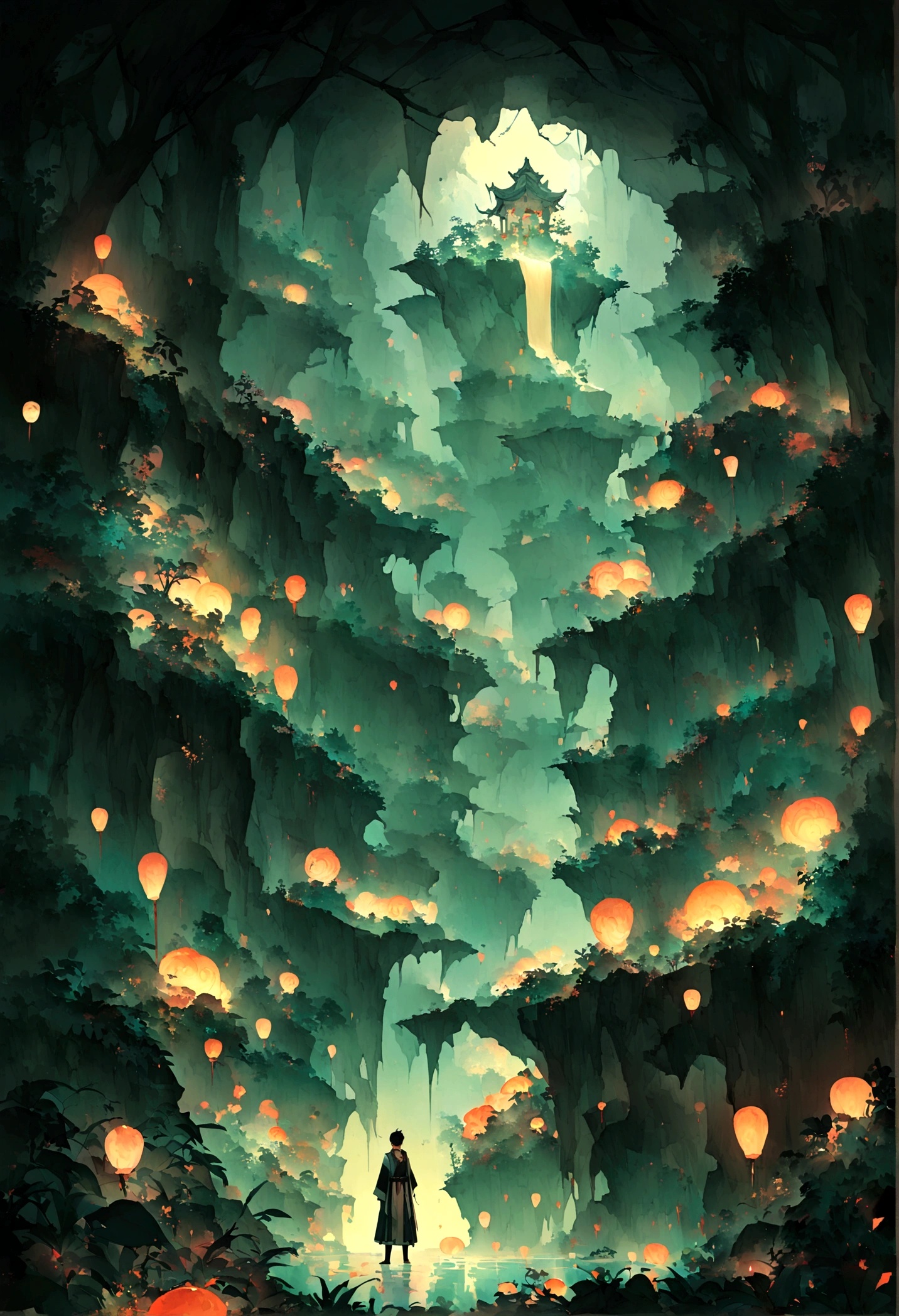 nimbus,Uninhabited primeval forest,Mysterious forest。A boy looks at a shining jade in shock in an ancient cave,((Mysterious and dreamy scene)),Chinese style,Immortal World,Xianxia World