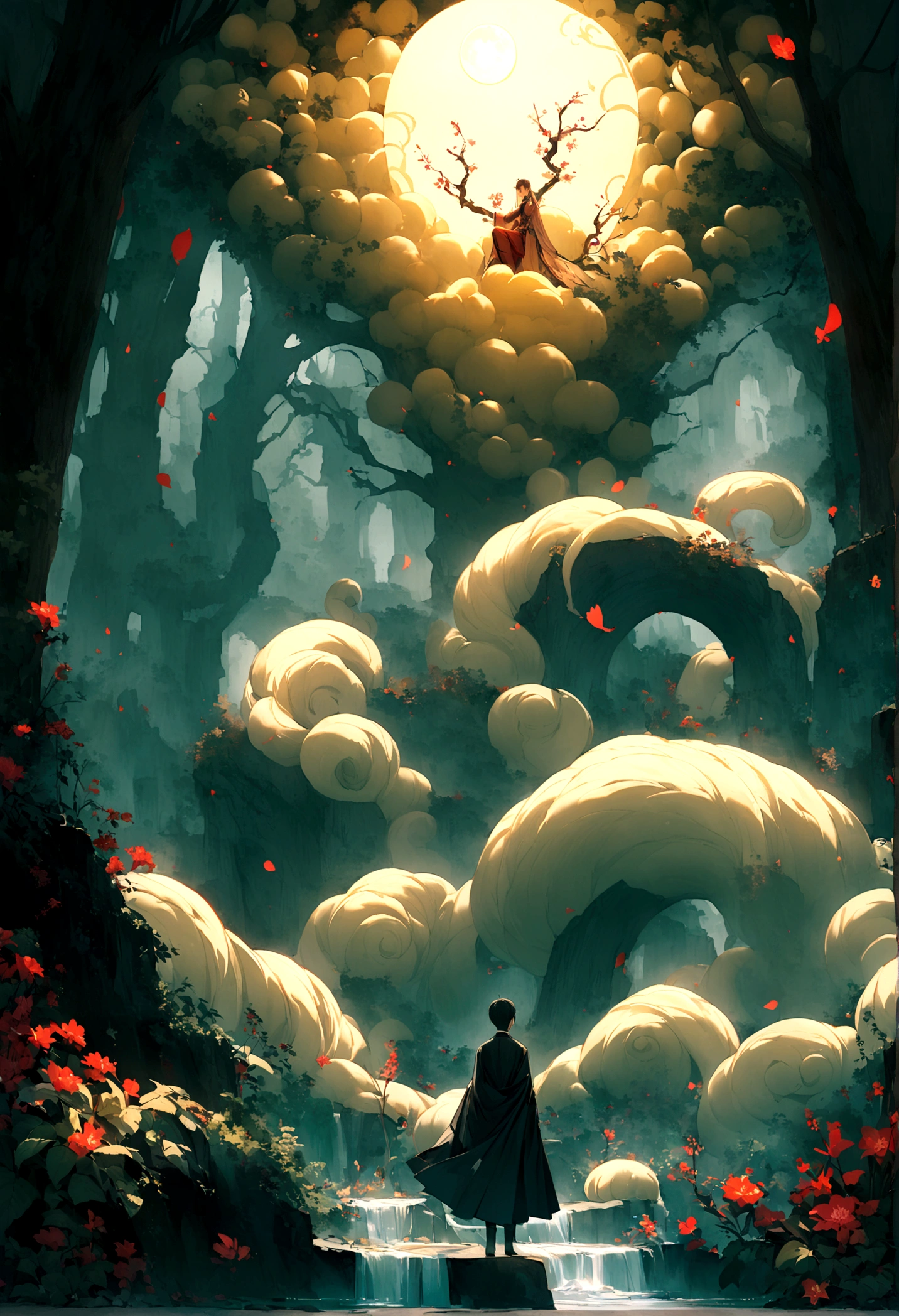 nimbus,Uninhabited primeval forest,Mysterious forest。A boy looks at a shining jade in shock in an ancient cave,((Mysterious and dreamy scene)),Chinese style,Immortal World,Xianxia World