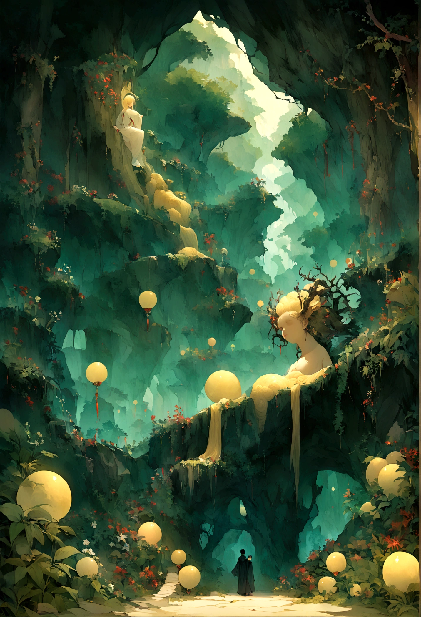 nimbus，Uninhabited primeval forest，Mysterious forest。A boy looks at a shining jade in shock in an ancient cave，((Mysterious and dreamy scene）），Chinese style，Immortal World，Xianxia World