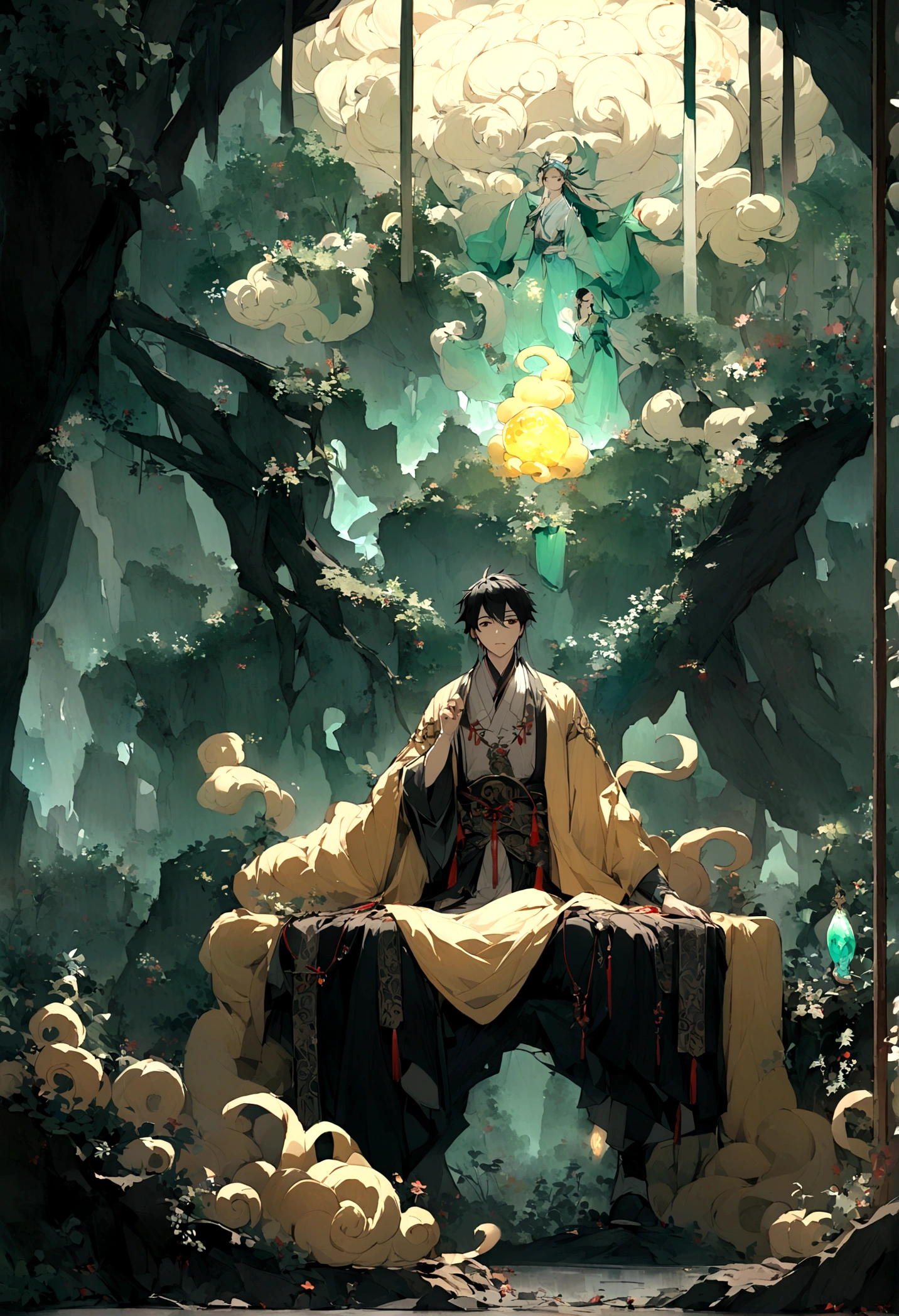 nimbus,Uninhabited primeval forest,Mysterious forest。A boy looks at a shining jade in shock in an ancient cave,((Mysterious and dreamy scene)),Chinese style,Immortal World,Xianxia World