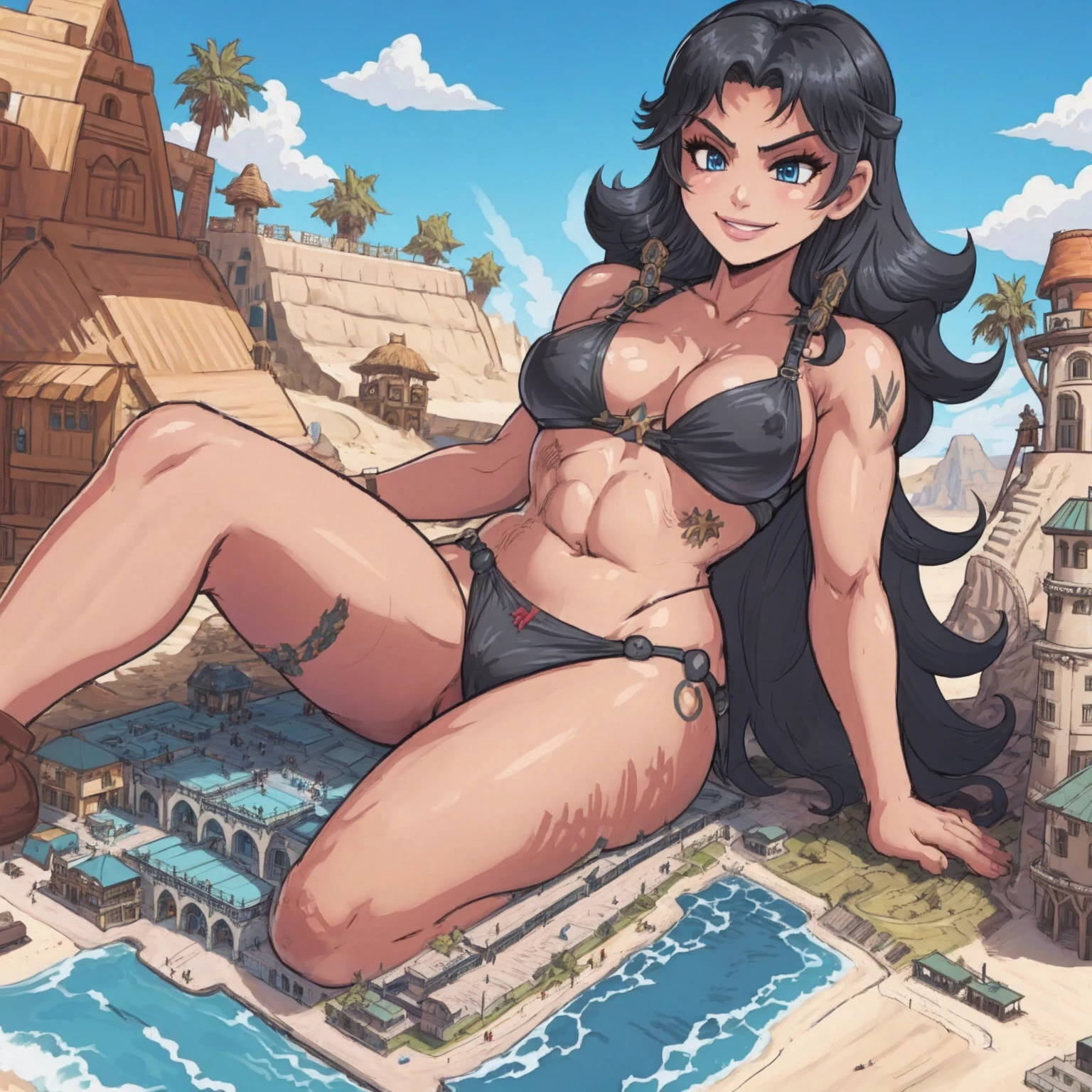 giantess, female, black hair, blue eyes, muscular build, bikini, large breasts, smiling, reclining on sand, (giantess:1.6), beachside, resort, surrounded by tiny people, karbo,