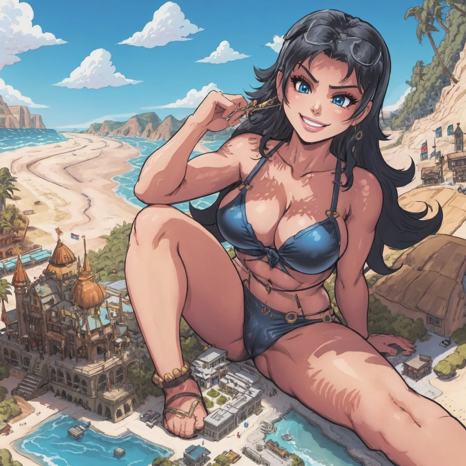 giantess, female, black hair, blue eyes, muscular build, bikini, large breasts, smiling, reclining on sand, (giantess:1.6), beachside, resort, surrounded by tiny people, karbo,