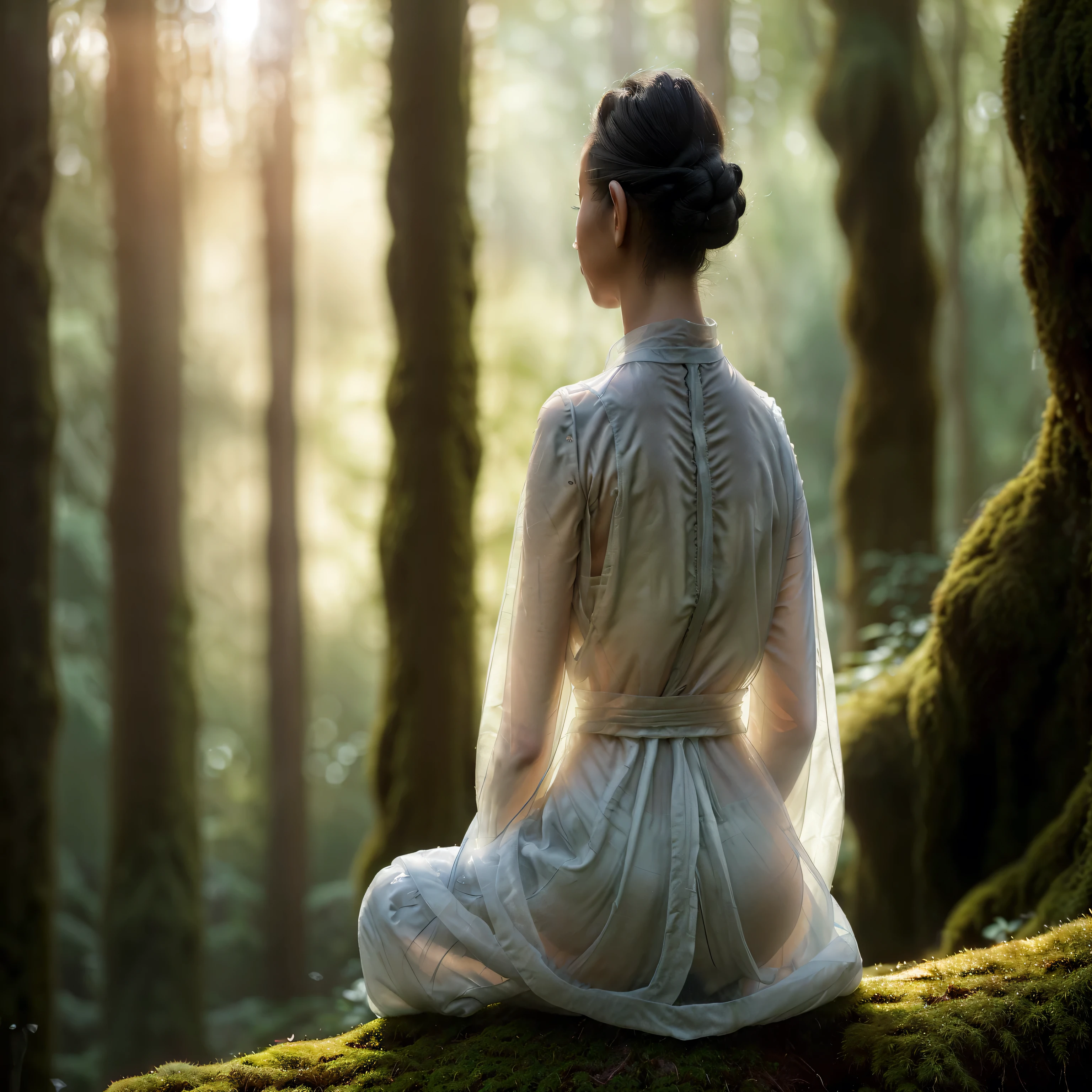 View from behind, A young female monk (Transparent silhouette:1.3), Meditation on a mossy tree in the forest, White soft flowing dress, Create a fantastic atmosphere, A wonderful interweaving of light and shadow, With a tranquil forest as the background, Bokeh, Shallow depth of field
